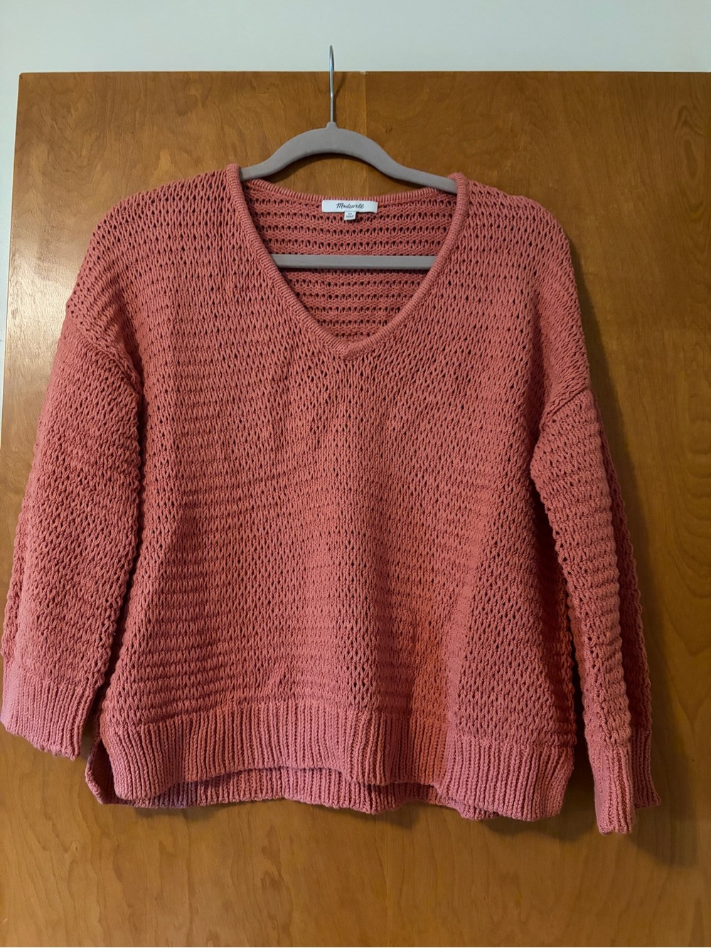 Madewell Relaxed V-Neck Open Knit Sweater in Dusty Rose